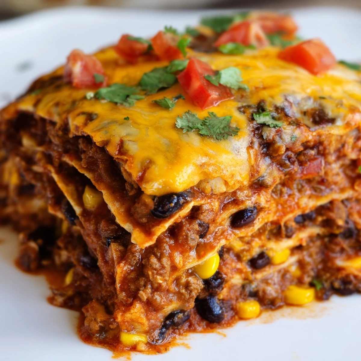 Golden bubbling baked beef enchilada casserole with melted cheese and fresh cilantro garnish