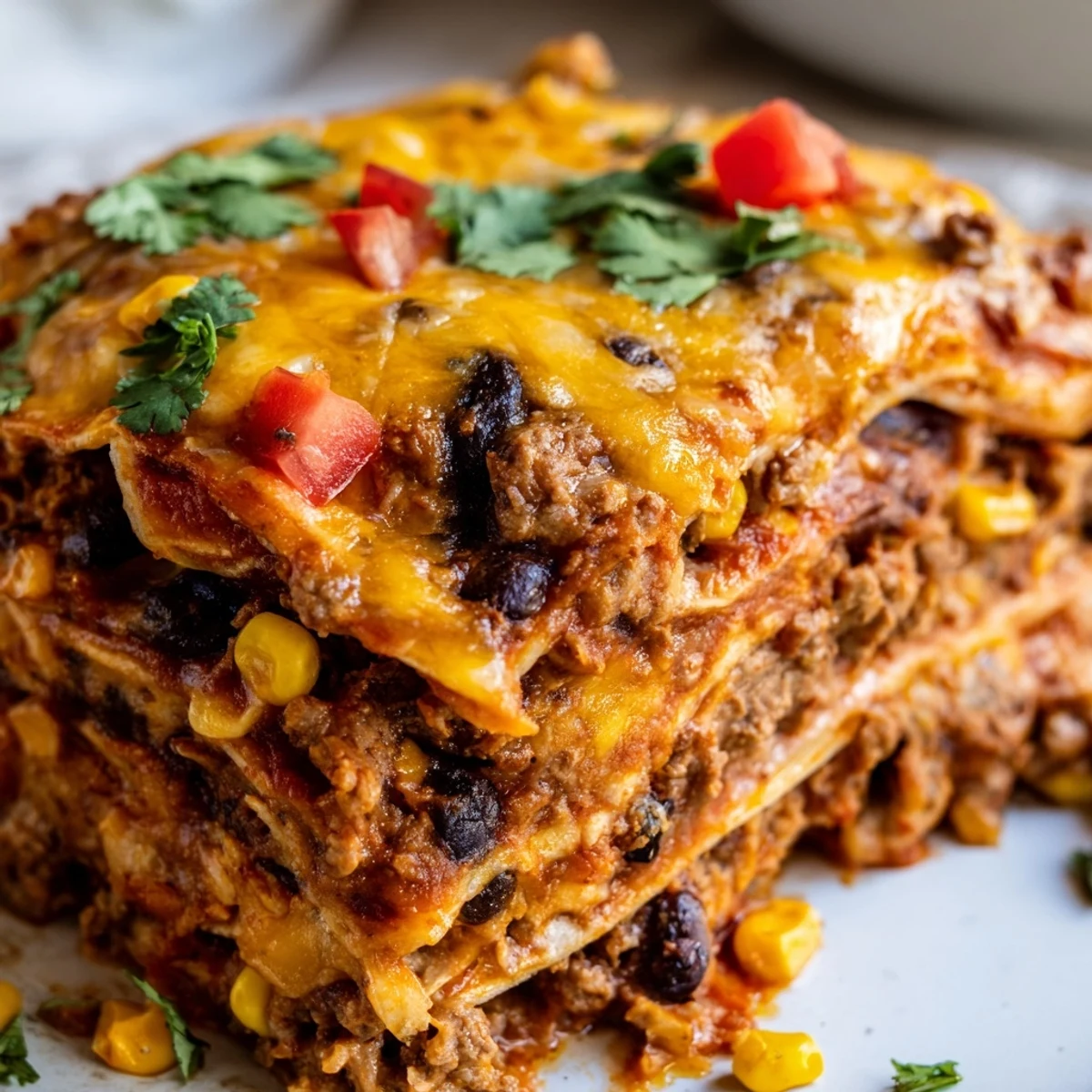 Layered baked beef enchilada casserole with seasoned beef, corn tortillas, and gooey melted cheddar