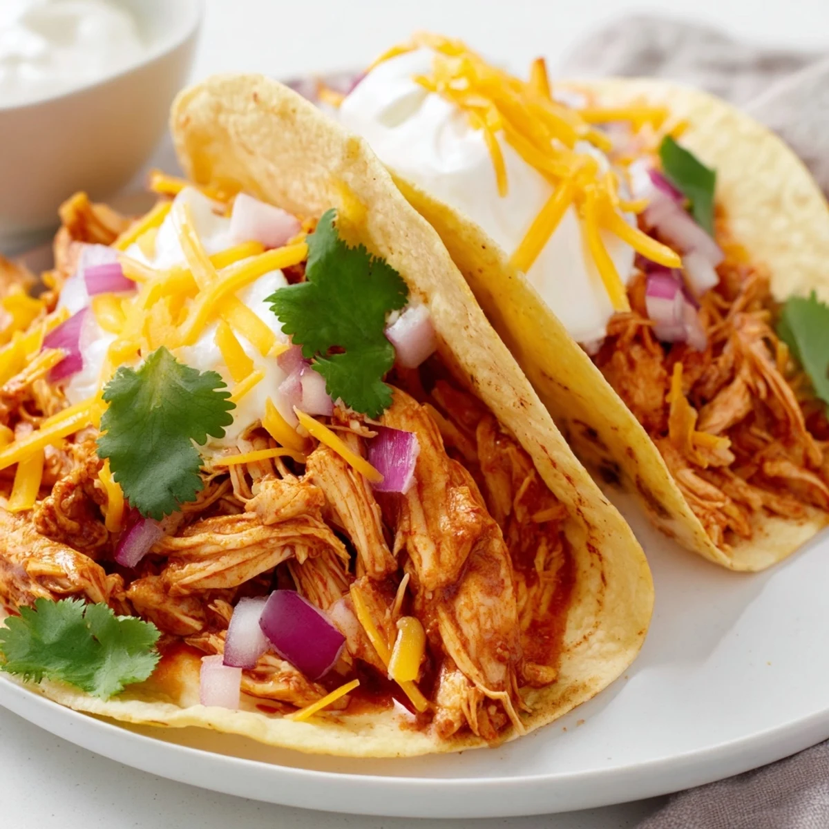 Slow Cooker Shredded Chicken Tacos loaded with fresh toppings in crispy corn shells