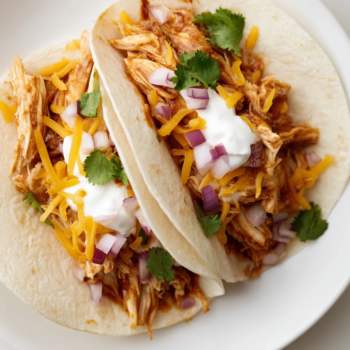 Tender Slow Cooker Shredded Chicken Tacos garnished with cilantro, lime, and melted cheese