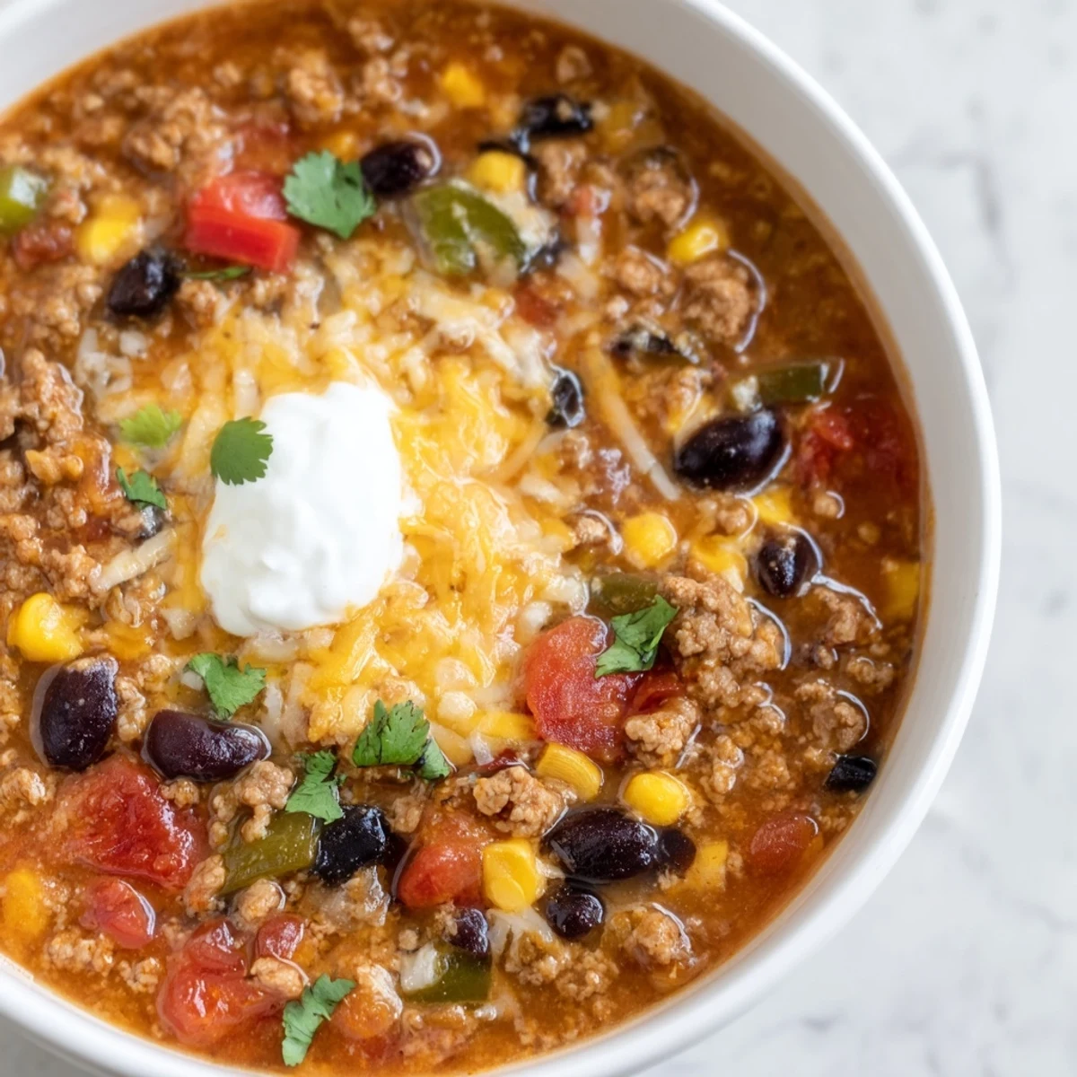 A steaming bowl of Crockpot Ground Beef Taco Soup topped with shredded cheese and cilantro