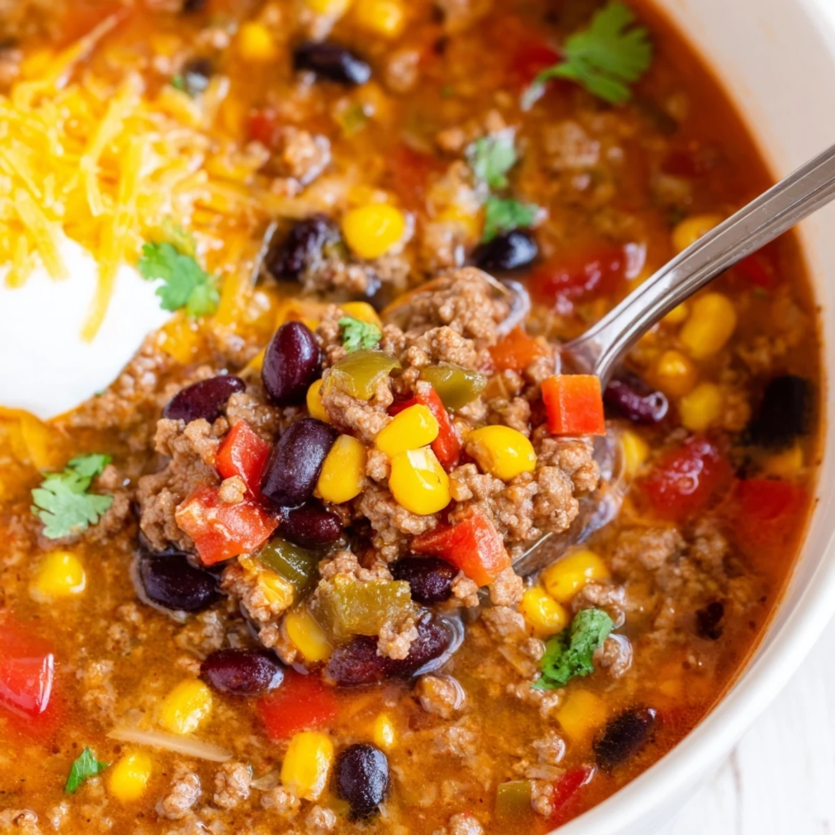 Crockpot Ground Beef Taco Soup with tender beans and corn in a rich, spiced broth