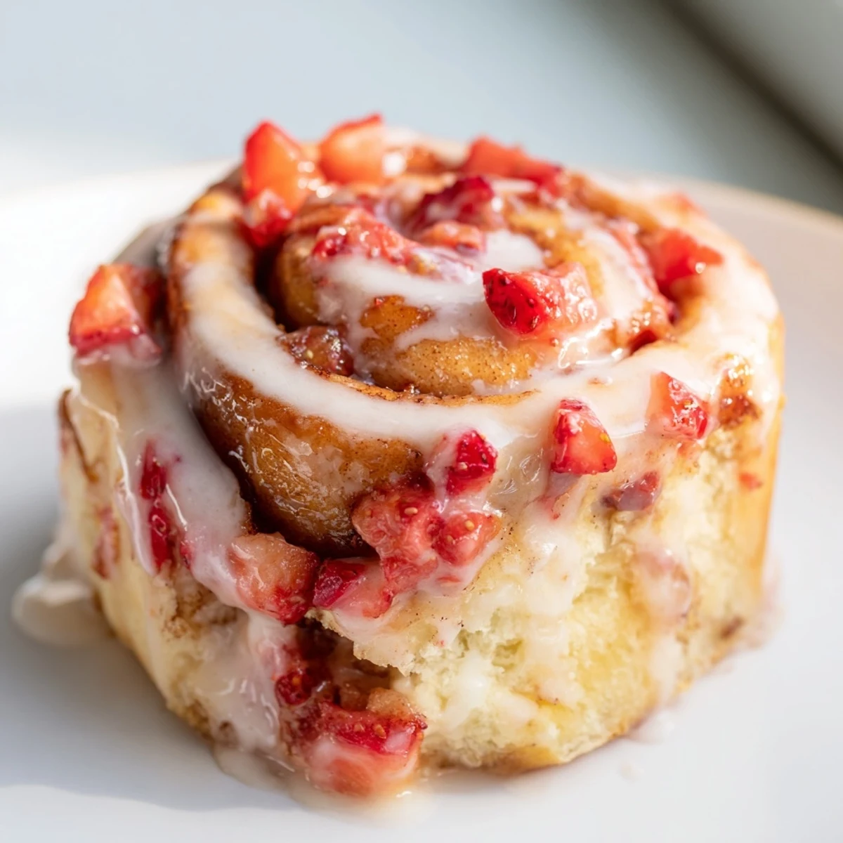 Golden strawberry cinnamon rolls drizzled with creamy vanilla glaze on a white plate