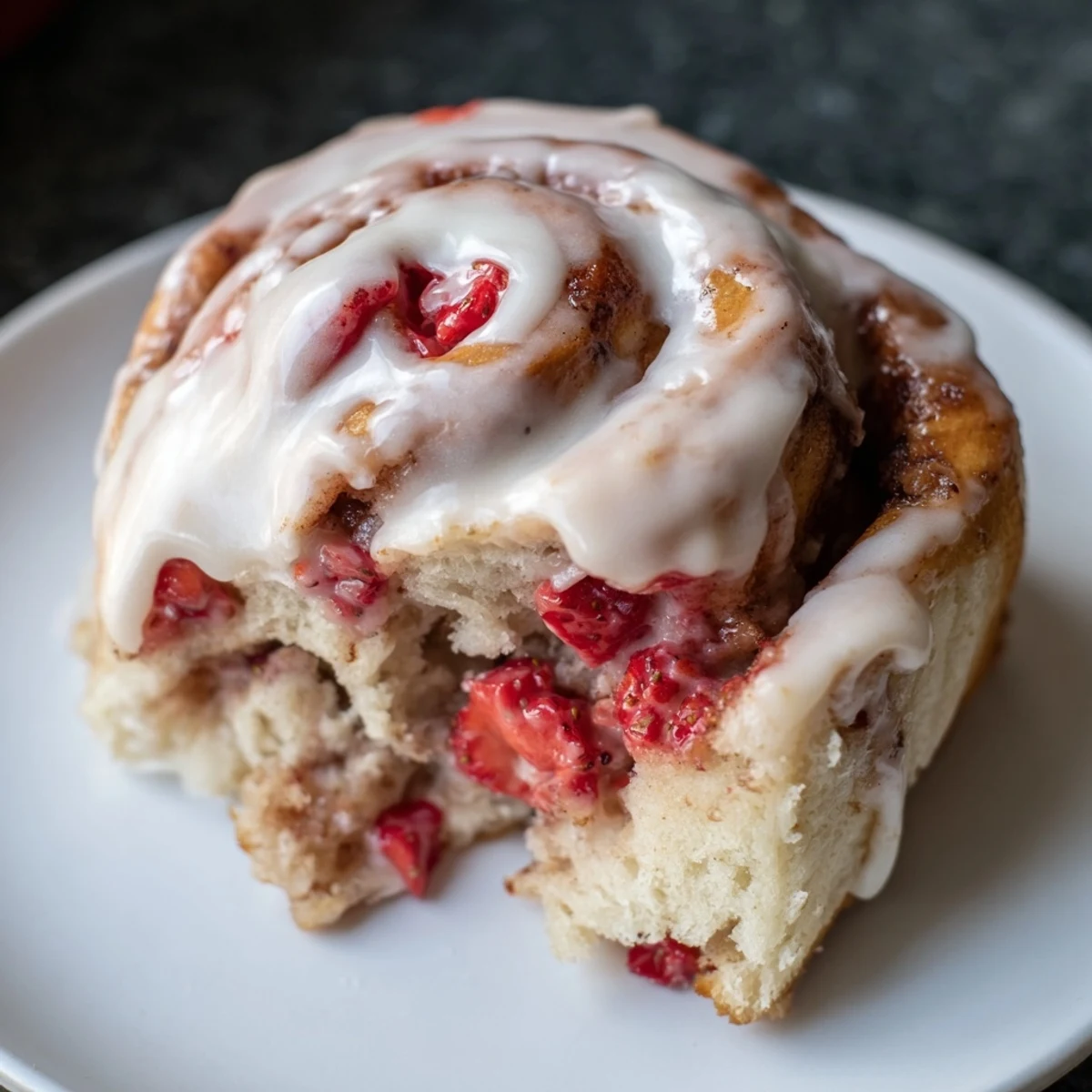 Fresh strawberry cinnamon rolls swirled with brown sugar filling and topped with frosting