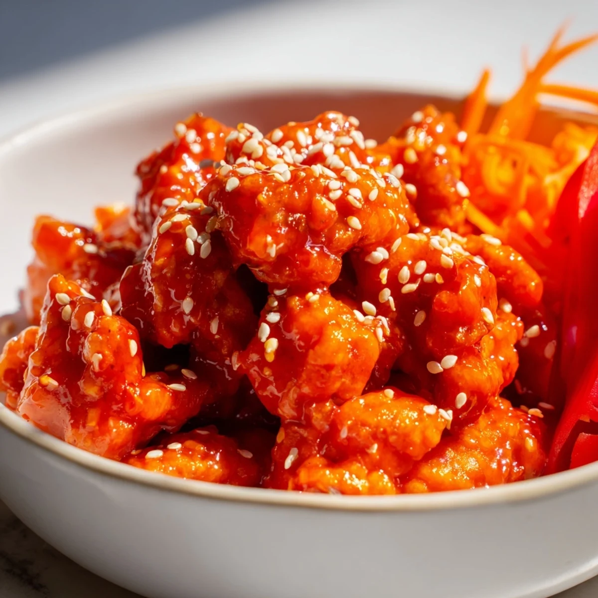Firecracker ground chicken bowls topped with crisp vegetables and sesame seeds in white ceramic dish