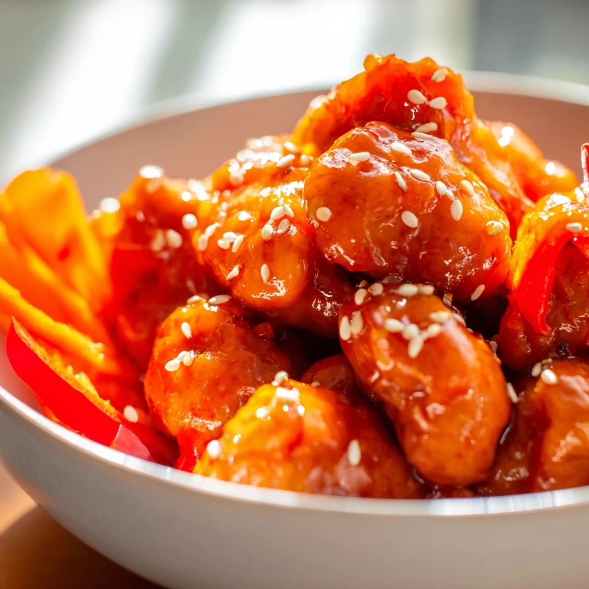 Spicy firecracker ground chicken bowls with colorful vegetables drizzled with tangy sauce ready to serve