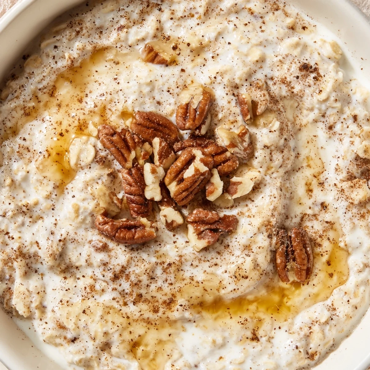 Creamy maple cinnamon pecan overnight oats served in a mason jar with chopped nuts