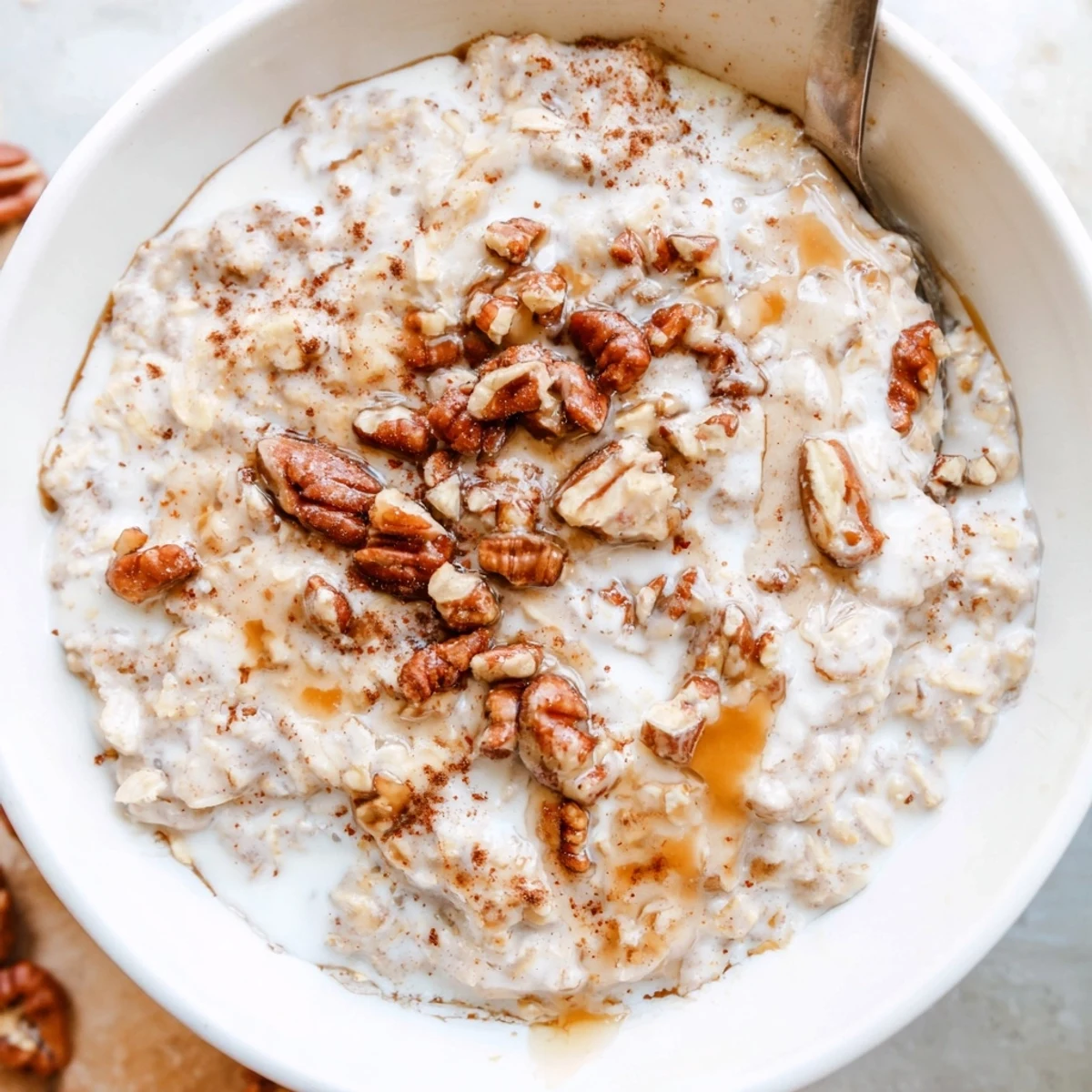 Maple cinnamon pecan overnight oats topped with crunchy pecans and a cinnamon drizzle
