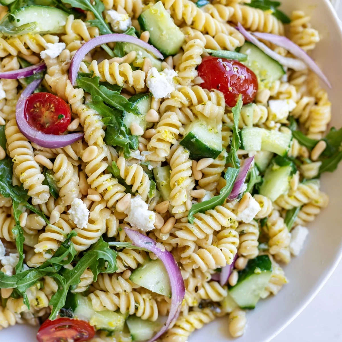 Bright lemon arugula pasta salad tossed with cherry tomatoes and crisp cucumber in zesty dressing
