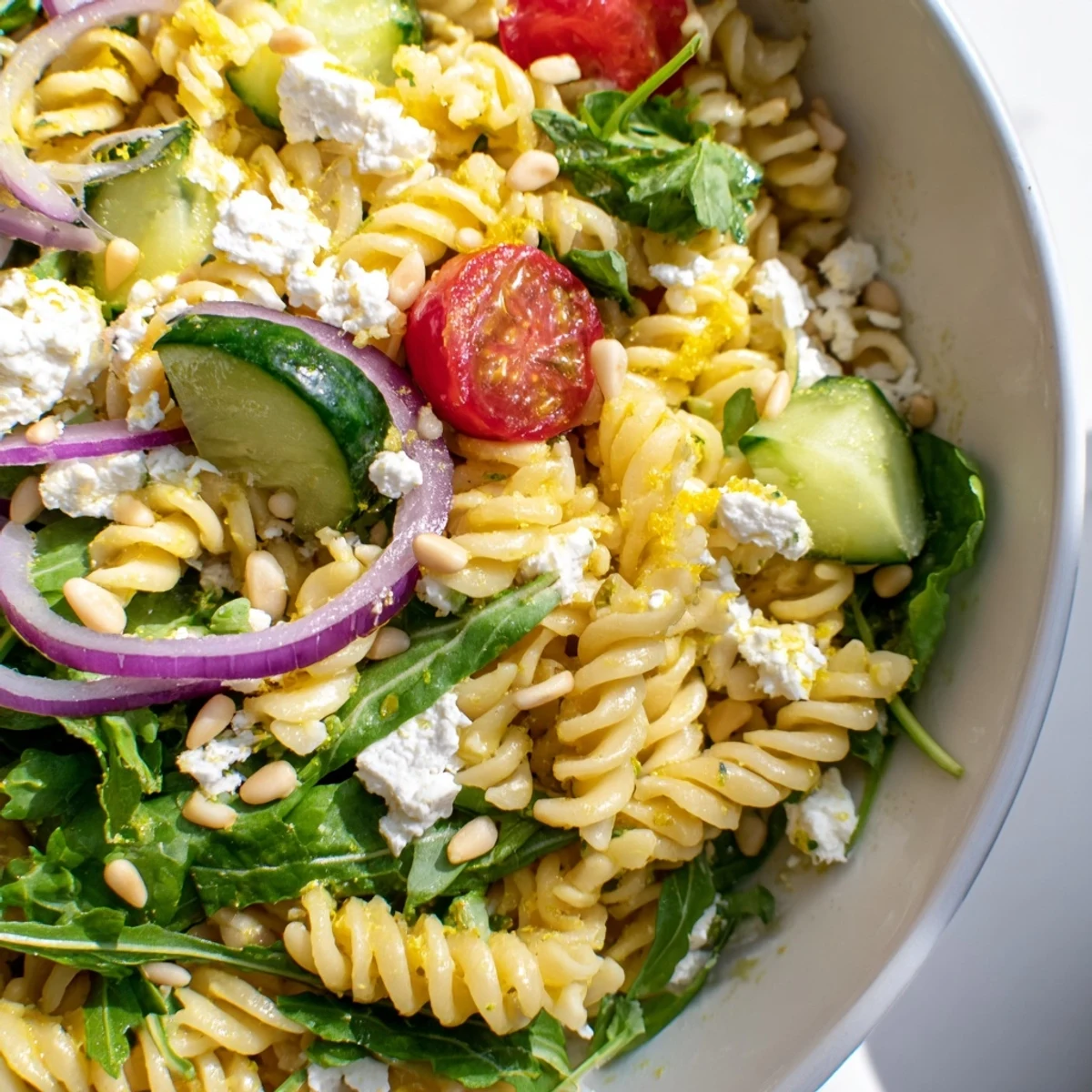 Peppery arugula and pasta combined with fresh vegetables in a tangy lemon olive oil dressing