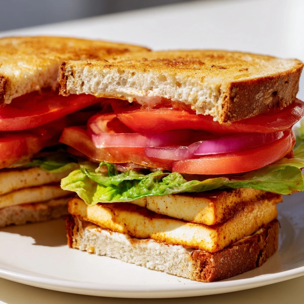 Golden smoky tofu TLT sandwich layered with crisp lettuce and ripe tomato slices on toasted sourdough bread
