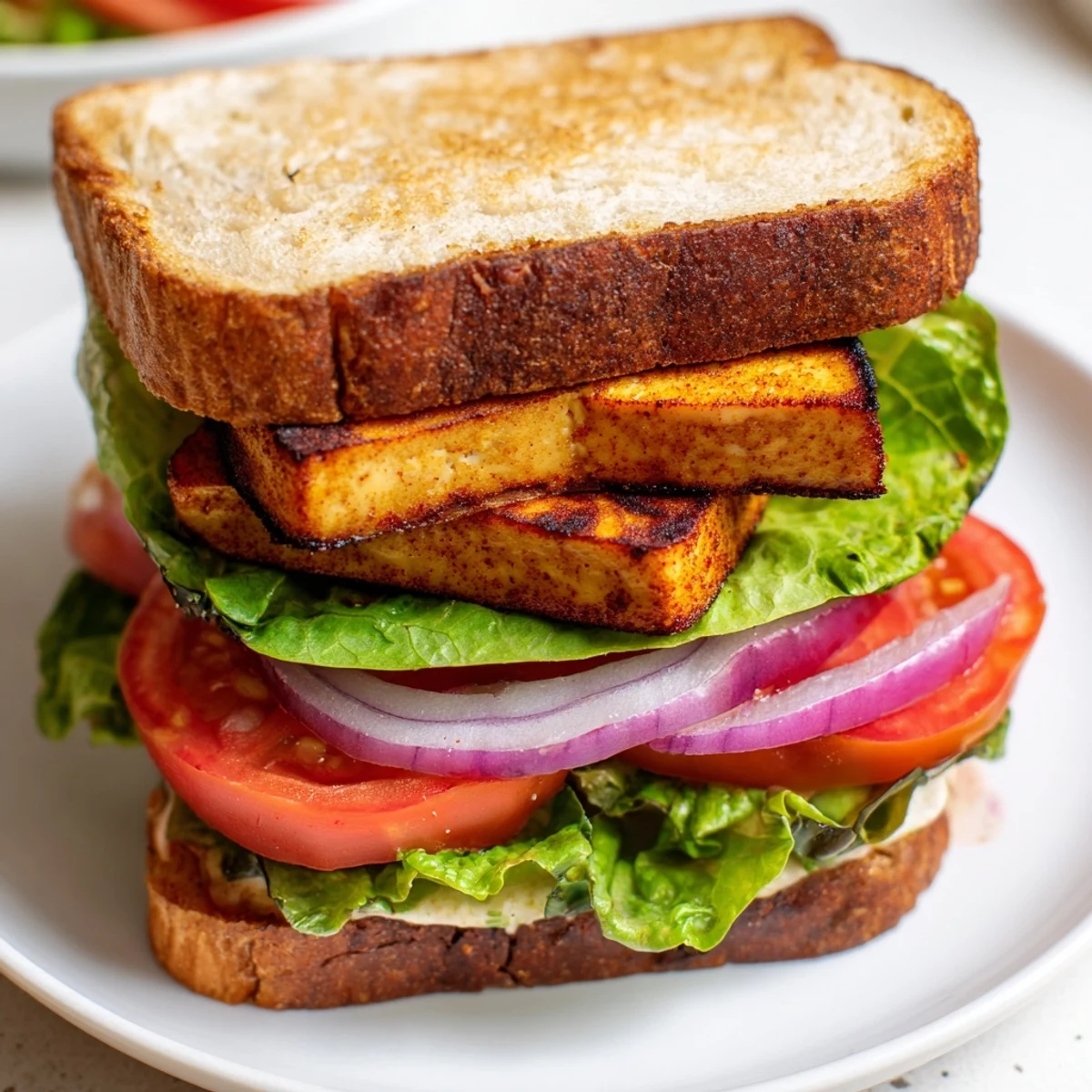 Summer smoky tofu lettuce tomato TLT sandwich served with creamy vegan mayo and sweet potato fries