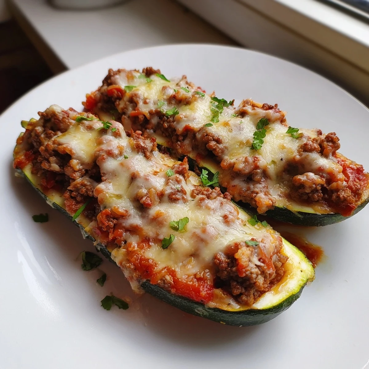 Stuffed zucchini boats with ground beef nestled in a rustic baking dish, ready to serve