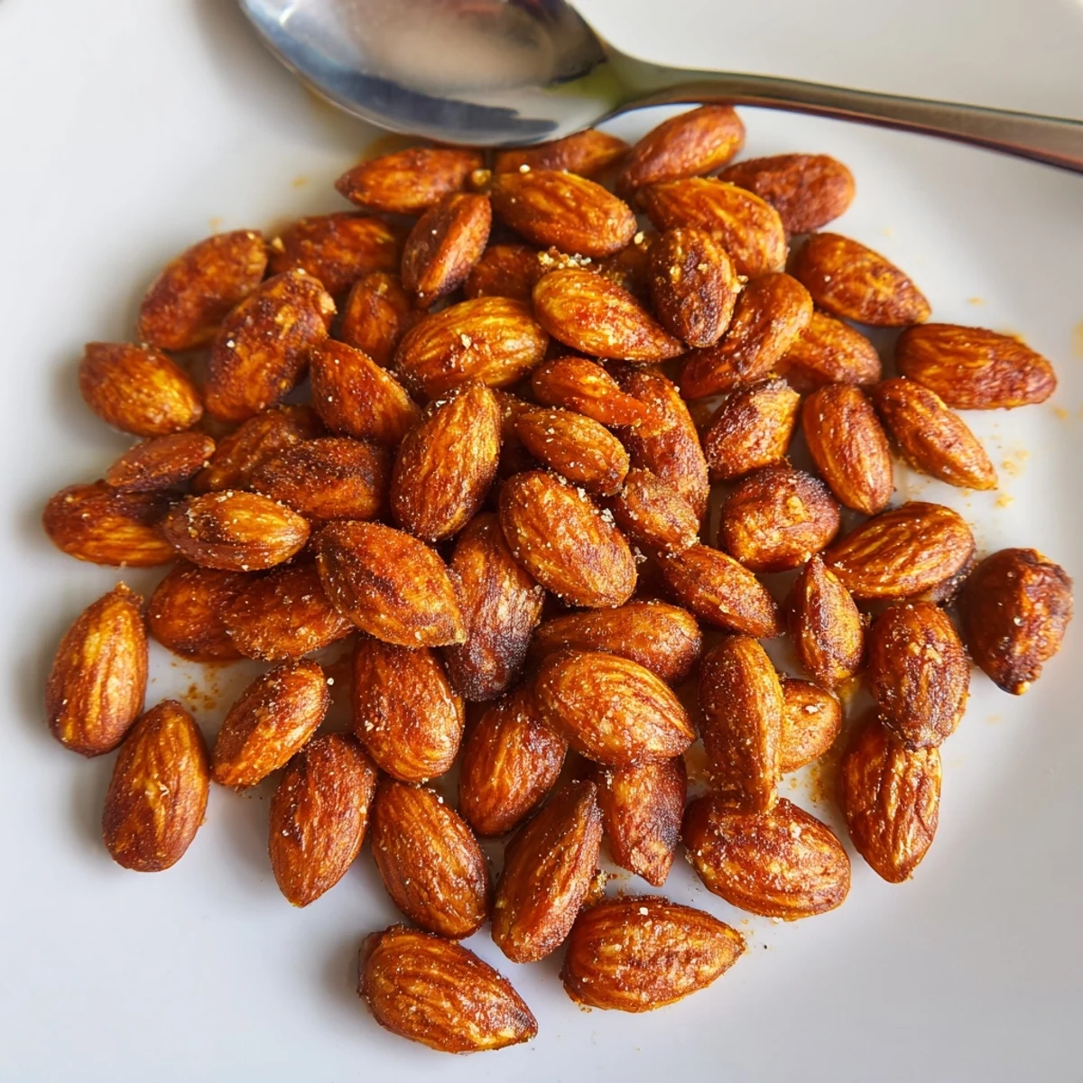 Golden roasted almonds scattered on parchment with flecks of sea salt and smoked paprika.