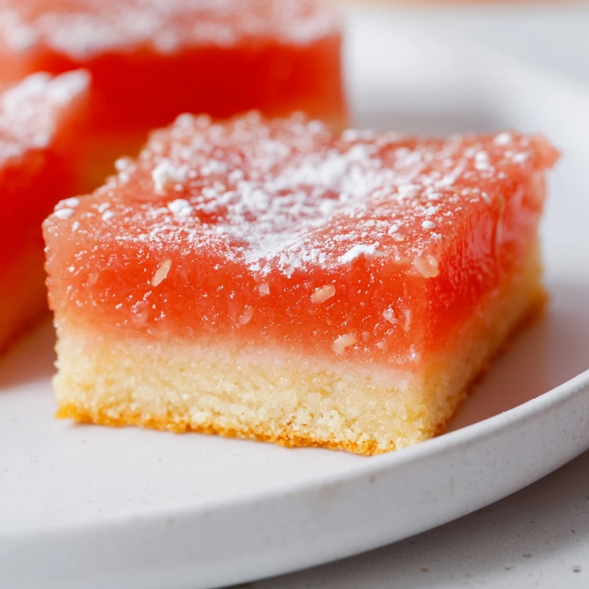 Golden grapefruit bars with tangy custard filling dusted with powdered sugar on a rustic cutting board