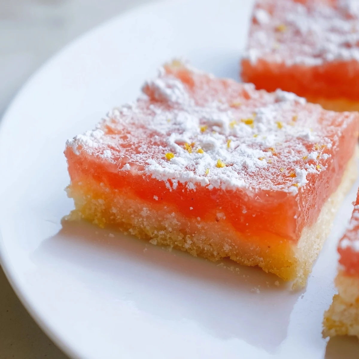 Creamy grapefruit bars sliced into neat squares topped with a light layer of sweet powdered sugar