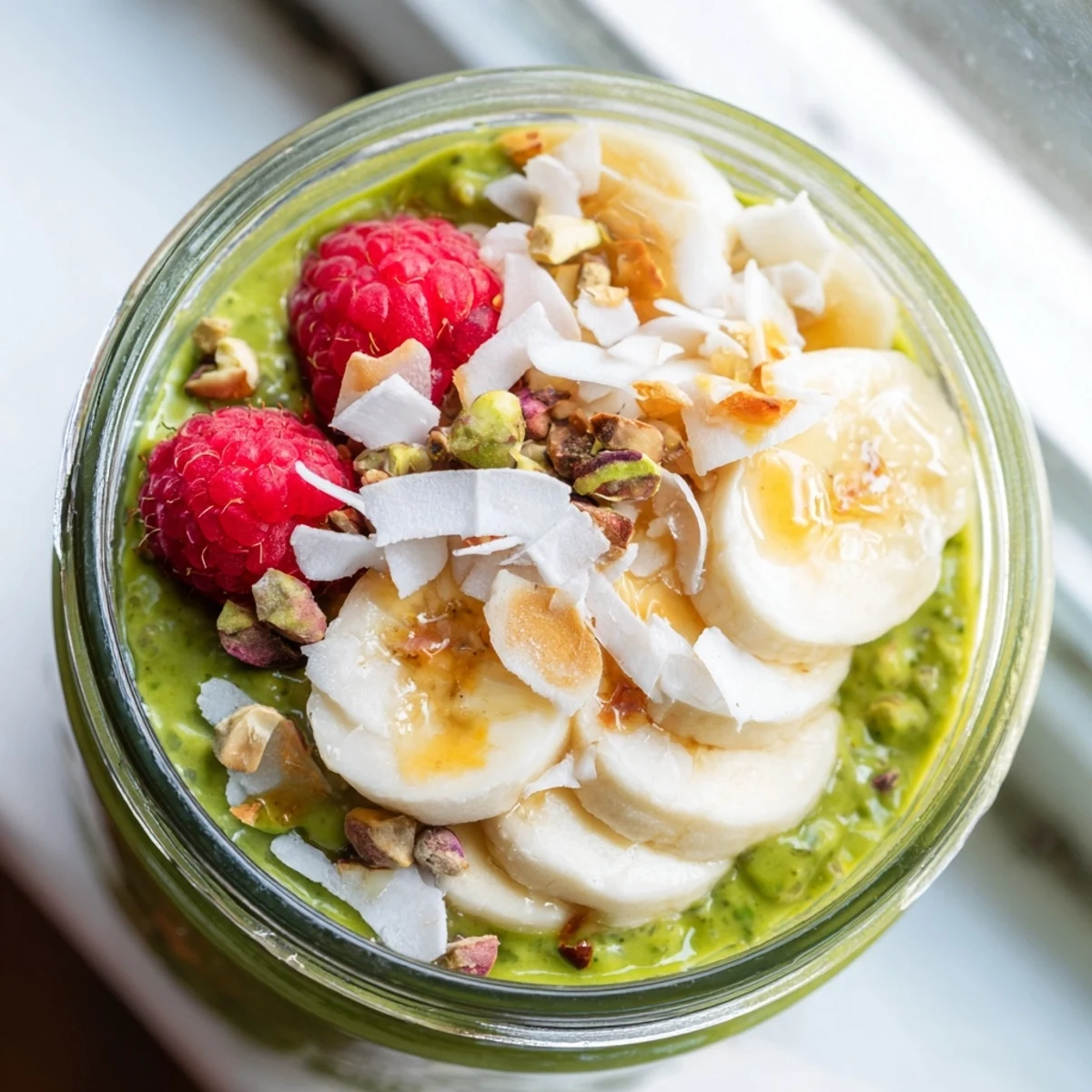 Creamy matcha overnight oats topped with fresh berries in a glass jar