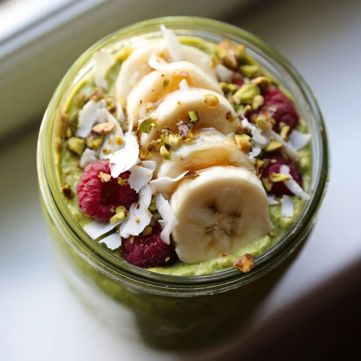 Bright green matcha overnight oats layered with banana slices and coconut