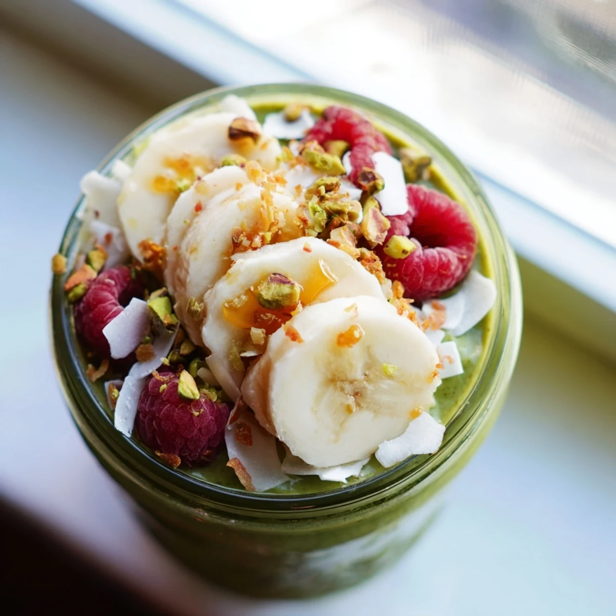 Velvety matcha overnight oats served cold with pistachios and a drizzle of honey