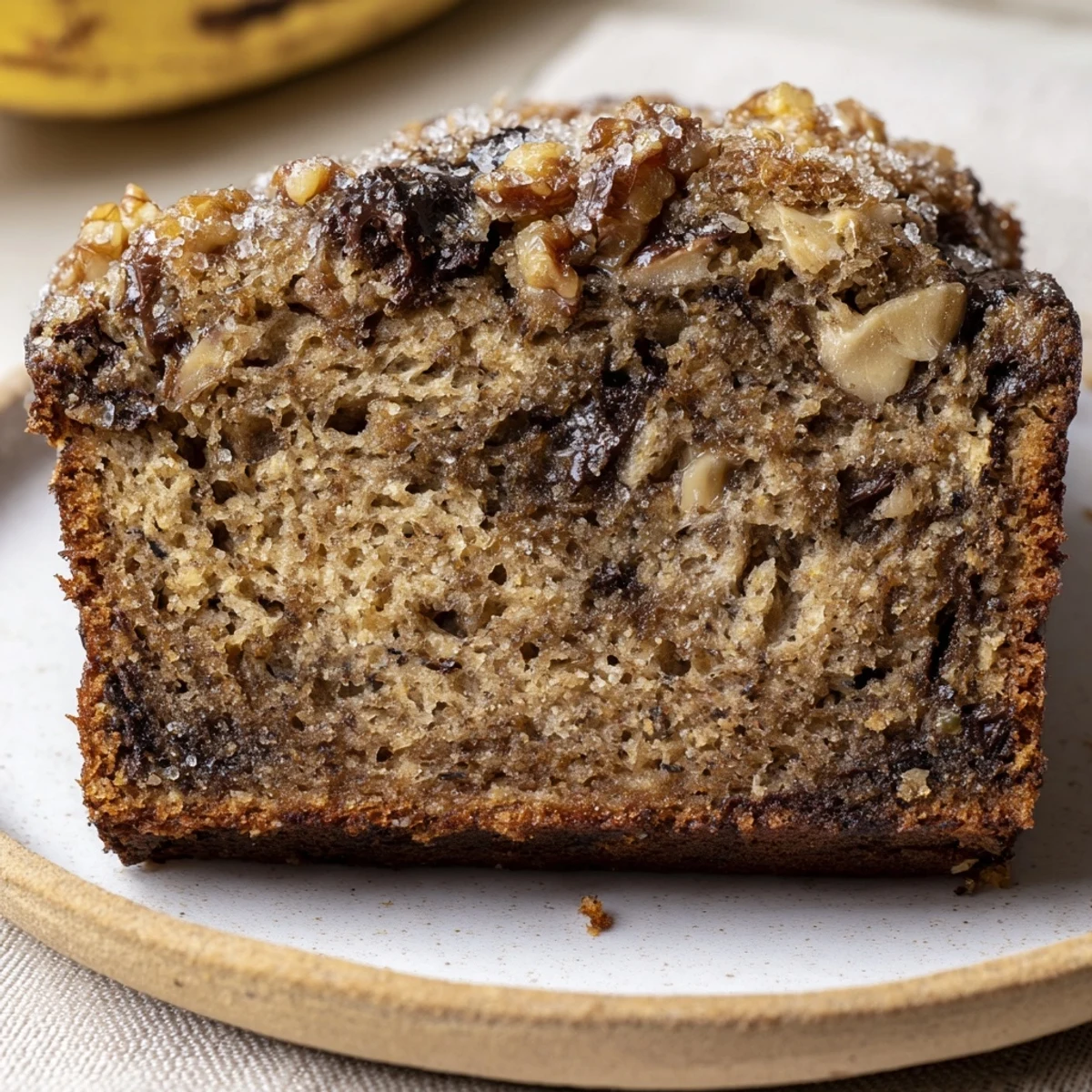 Golden-crusted banana bread sliced thick on a rustic wooden cutting board with scattered walnuts