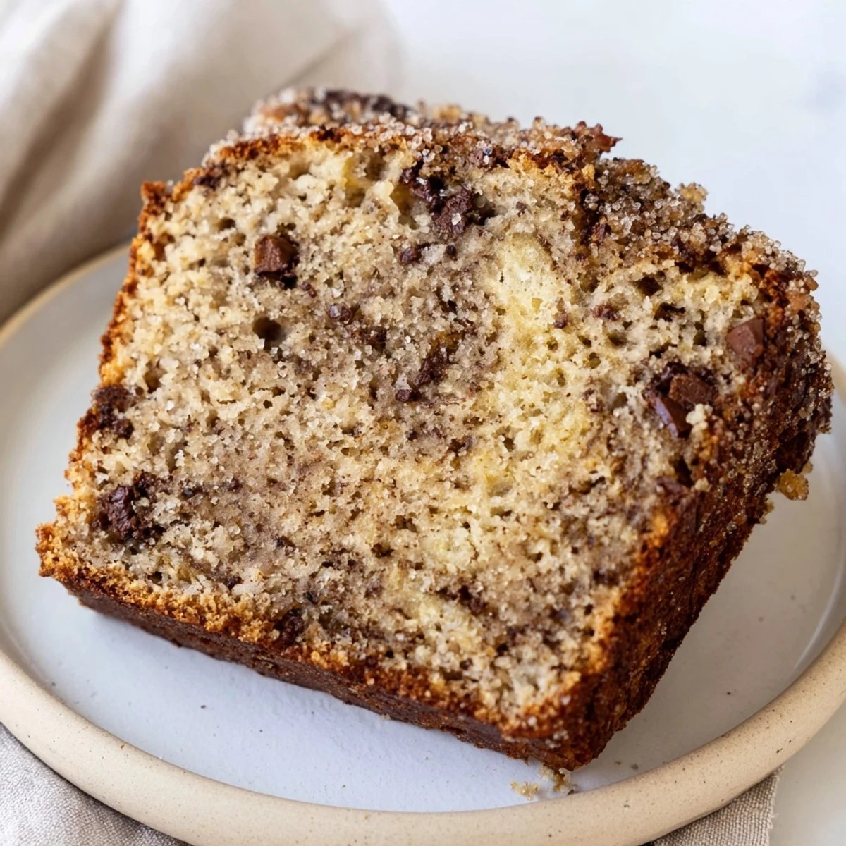 Warm super moist banana bread fresh from the oven with a crackly cinnamon sugar top