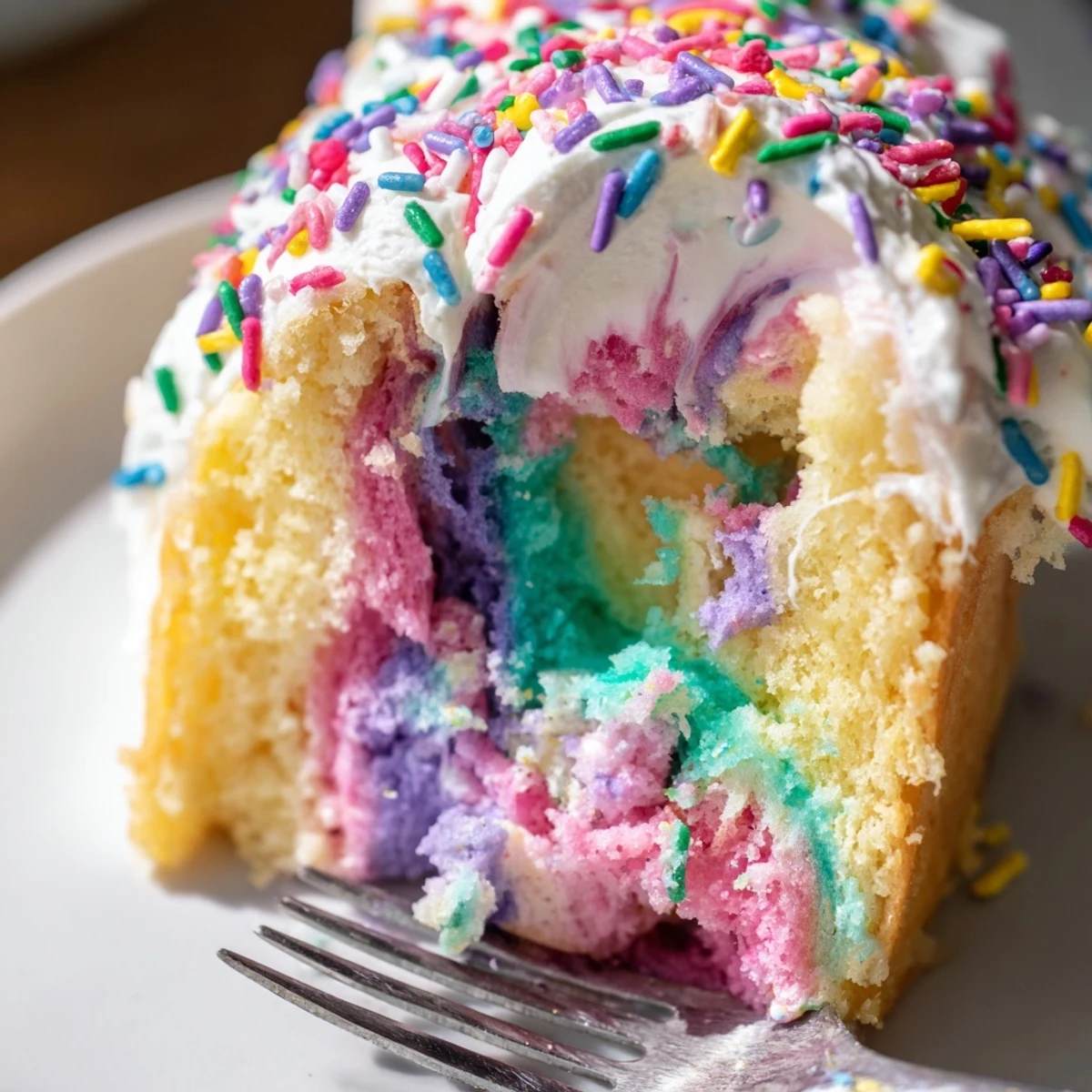 Colorful Unicorn Poke Cake with rainbow pudding swirls and whipped topping