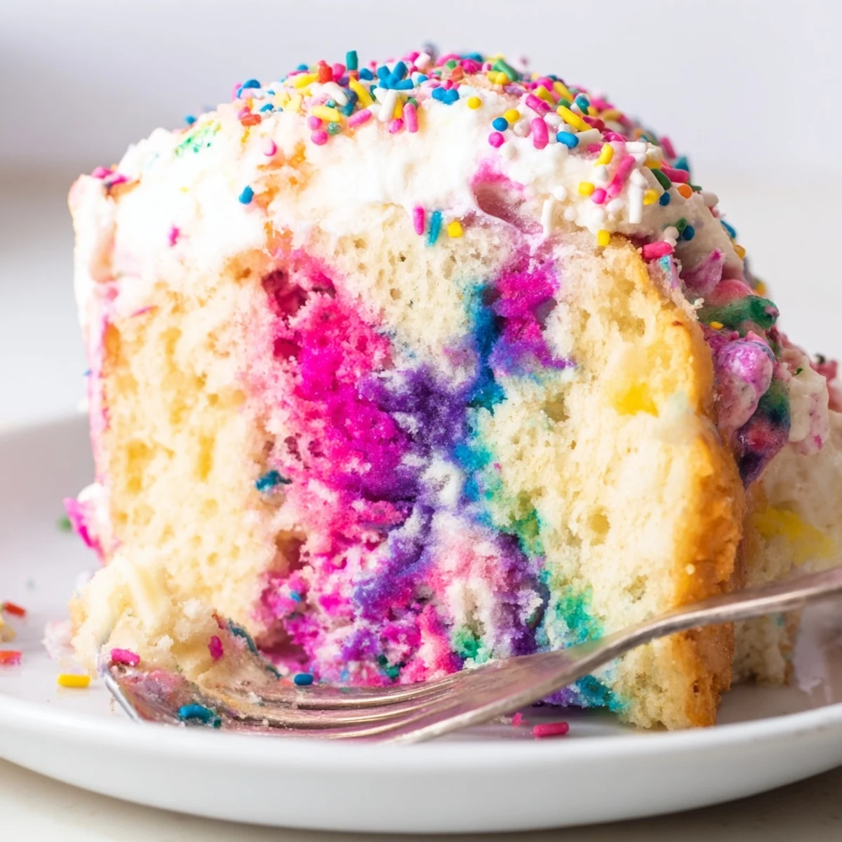 Slice of moist Unicorn Poke Cake topped with pastel sprinkles and Cool Whip