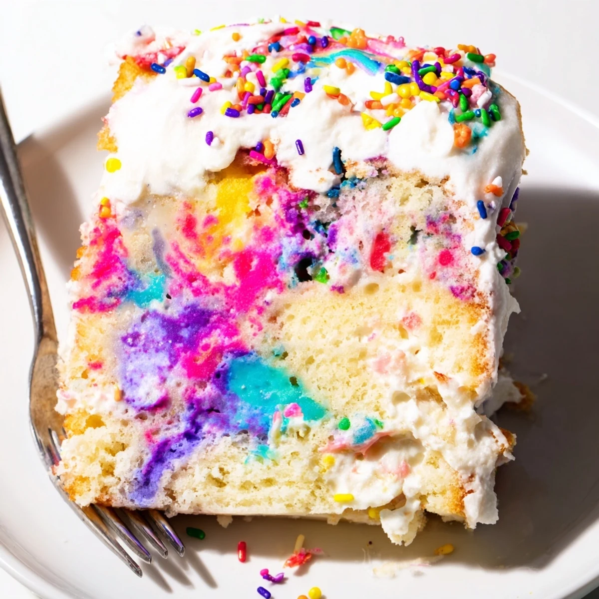 Vibrant Unicorn Poke Cake showing confetti crumb and brightly colored pudding filling