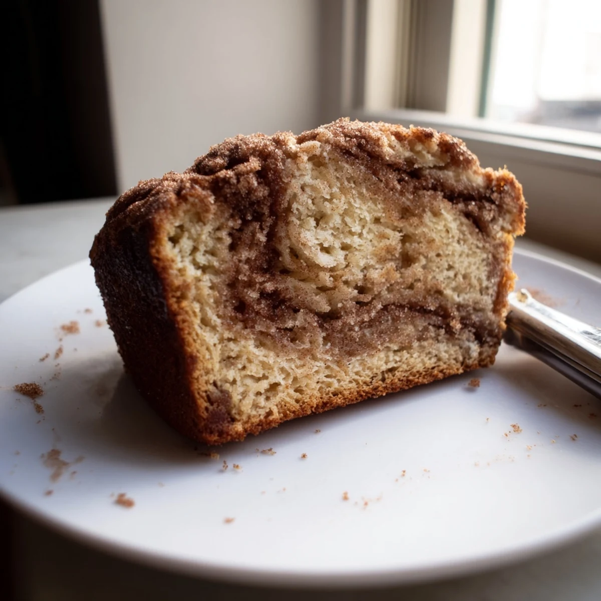 Warm slice of snickerdoodle banana bread with a marbled cinnamon-sugar swirl on a rustic cutting board