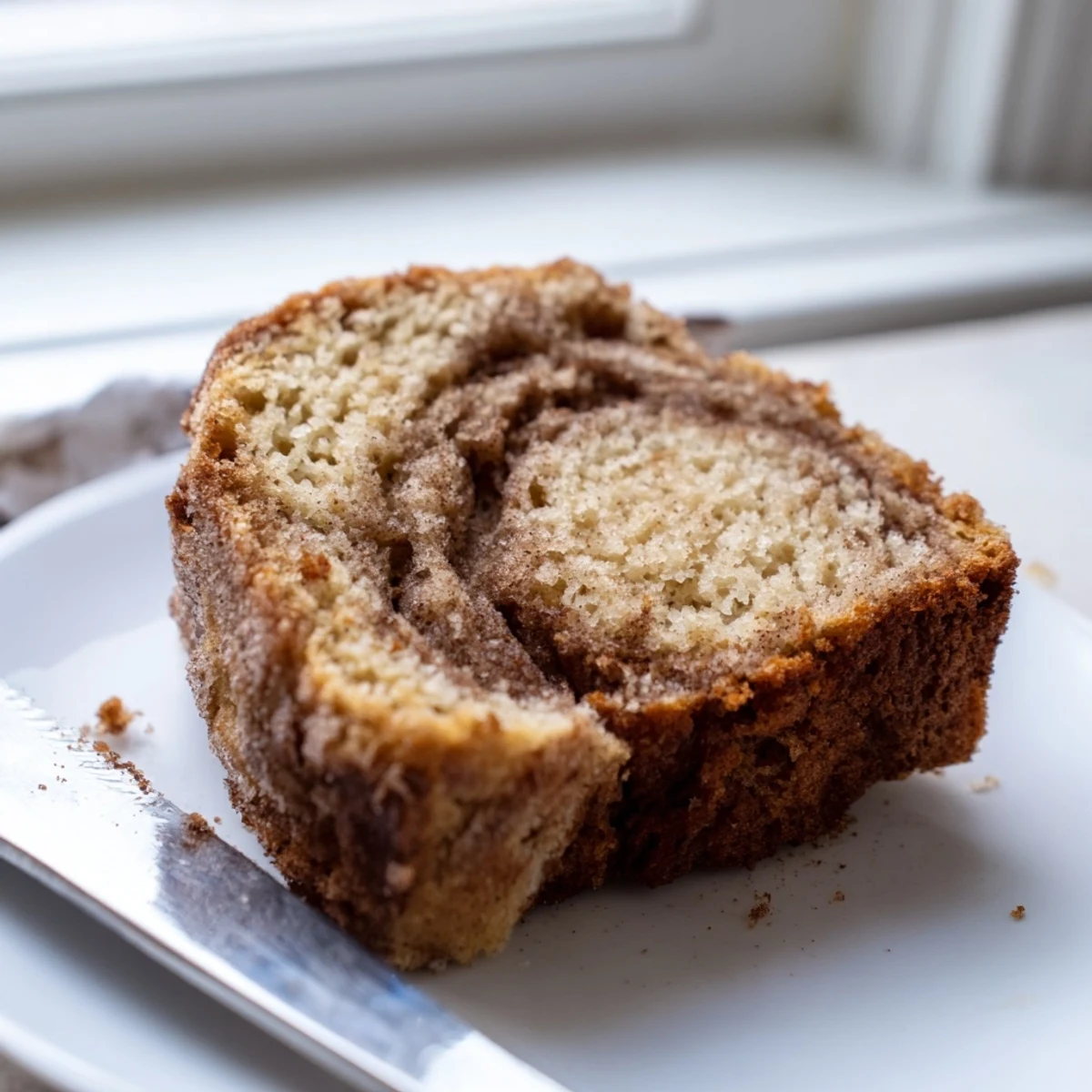 Thick slice of moist snickerdoodle banana bread showing the swirled cinnamon layer on a white plate