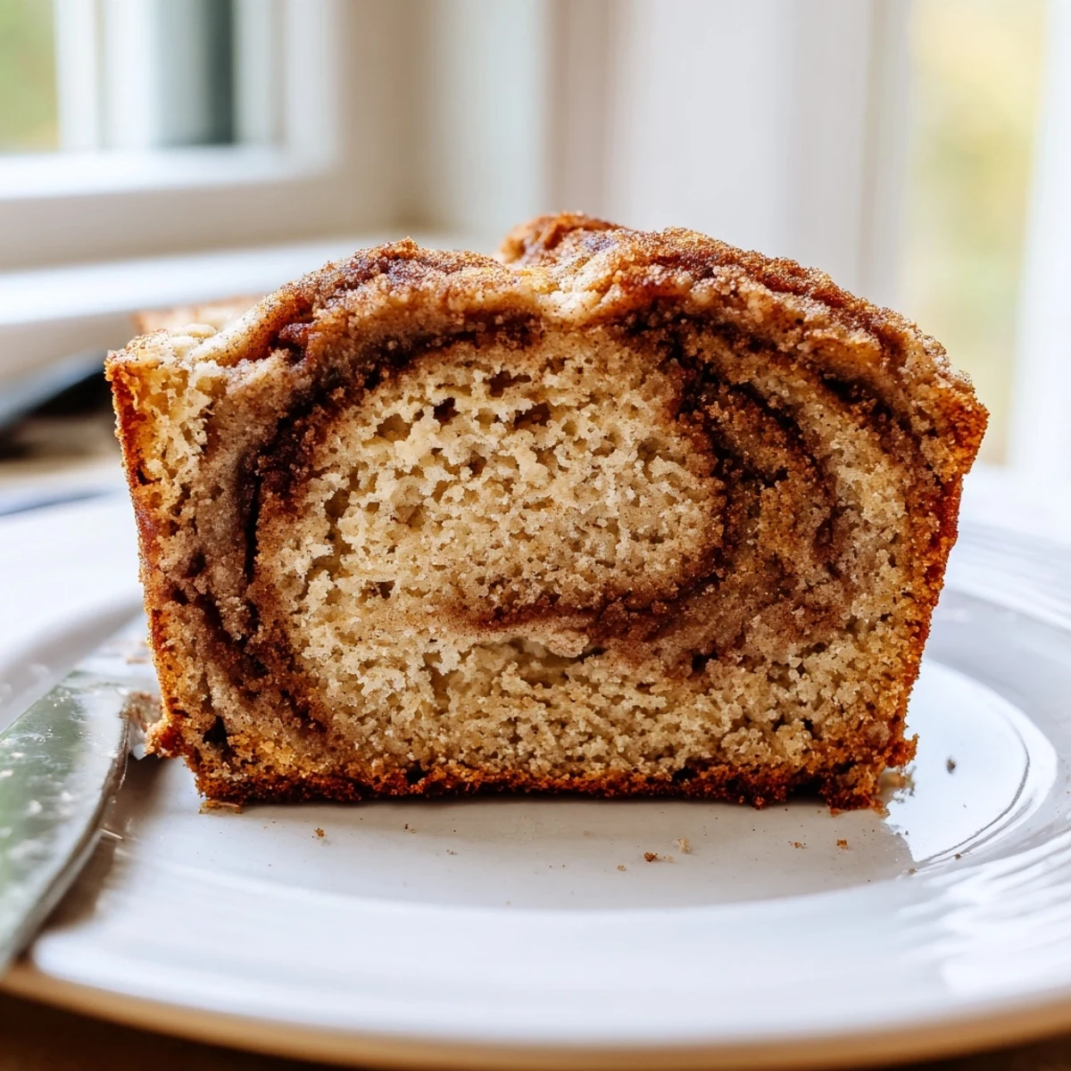 Golden snickerdoodle banana bread loaf dusted with spiced sugar, sliced and served with melting butter