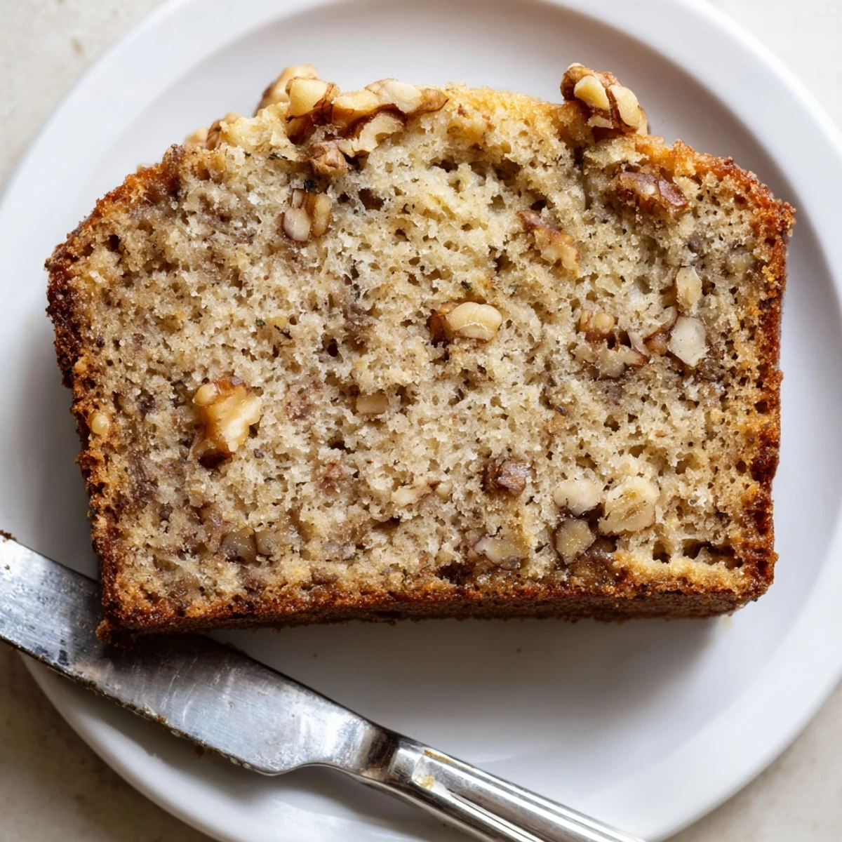 Warm slice of banana nut bread topped with crunchy walnuts on a plate