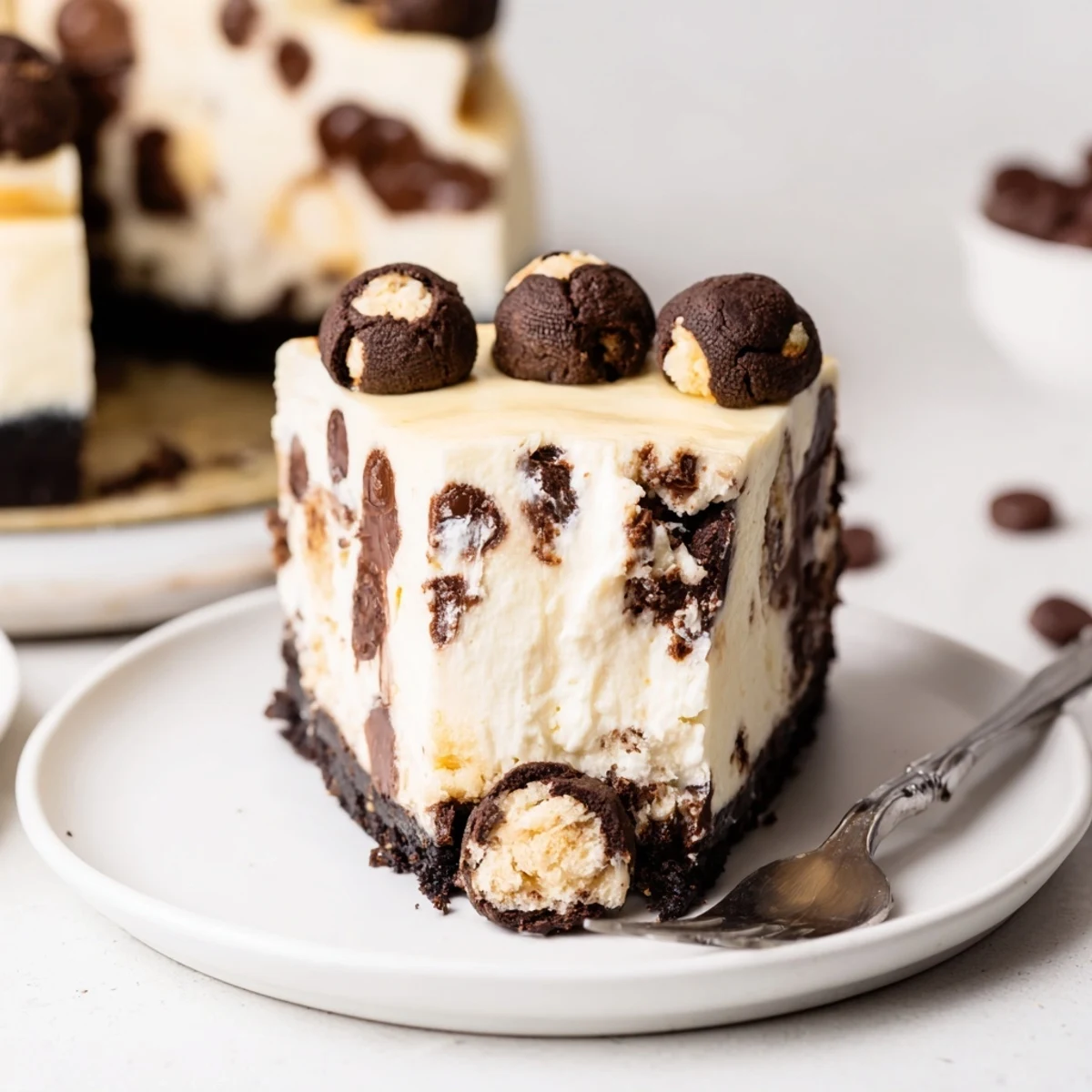 Chocolate Chip Cookie Dough Cheesecake sliced on plate, creamy filling dotted with dough.