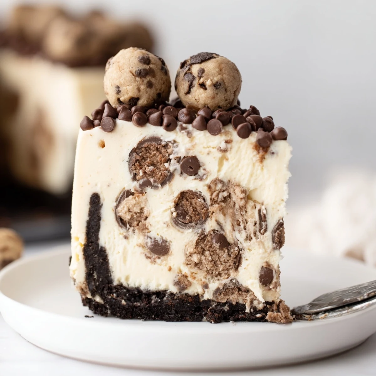 Fork-ready Chocolate Chip Cookie Dough Cheesecake chilled, crisp chocolate crust, marble-sized dough balls.
