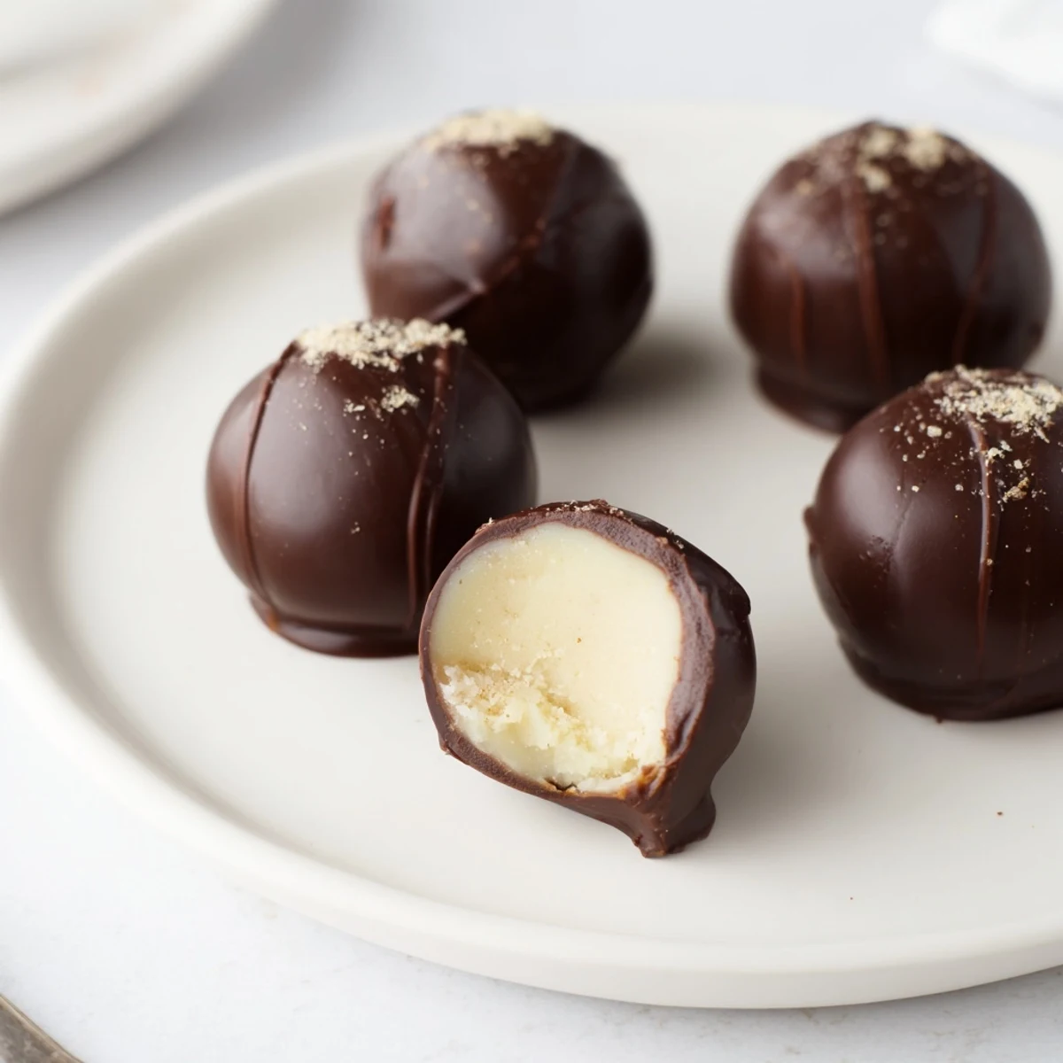 Dark Chocolate Eggnog Truffles nestled on parchment, glossy shells dusted with nutmeg
