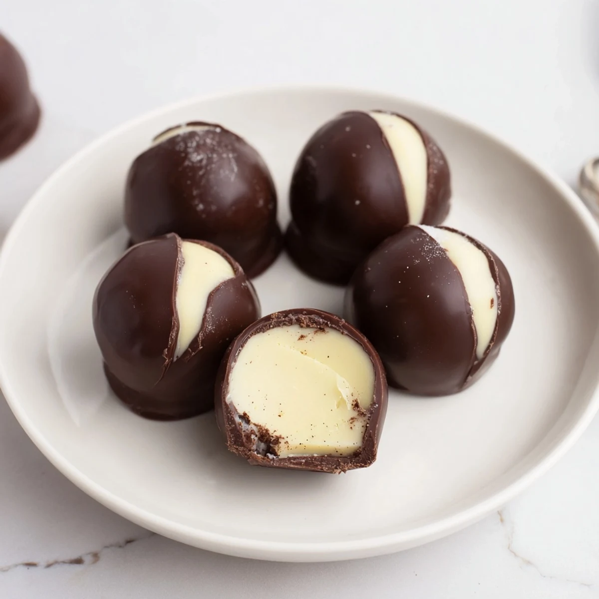 Hand-rolled Dark Chocolate Eggnog Truffles chilling on tray, ready for gifting