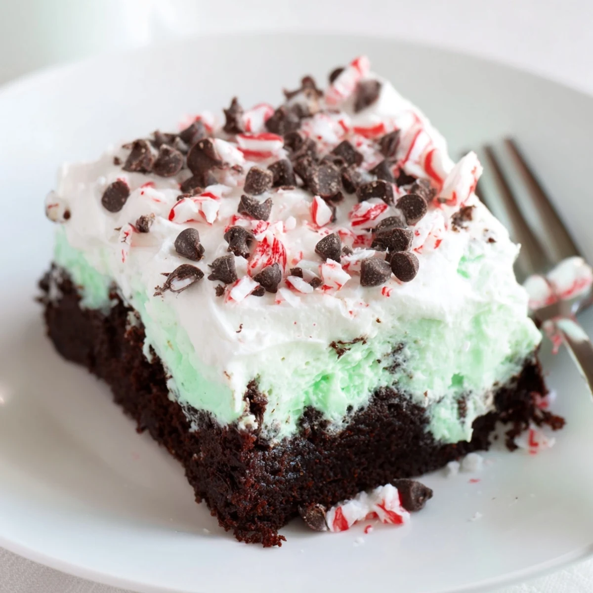 Peppermint Poke Cake with whipped topping, crushed candies, chilled and ready