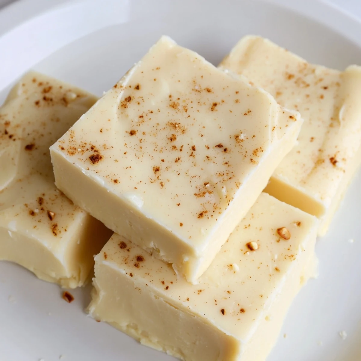 Creamy Eggnog Fudge squares dusted with nutmeg on festive serving plate