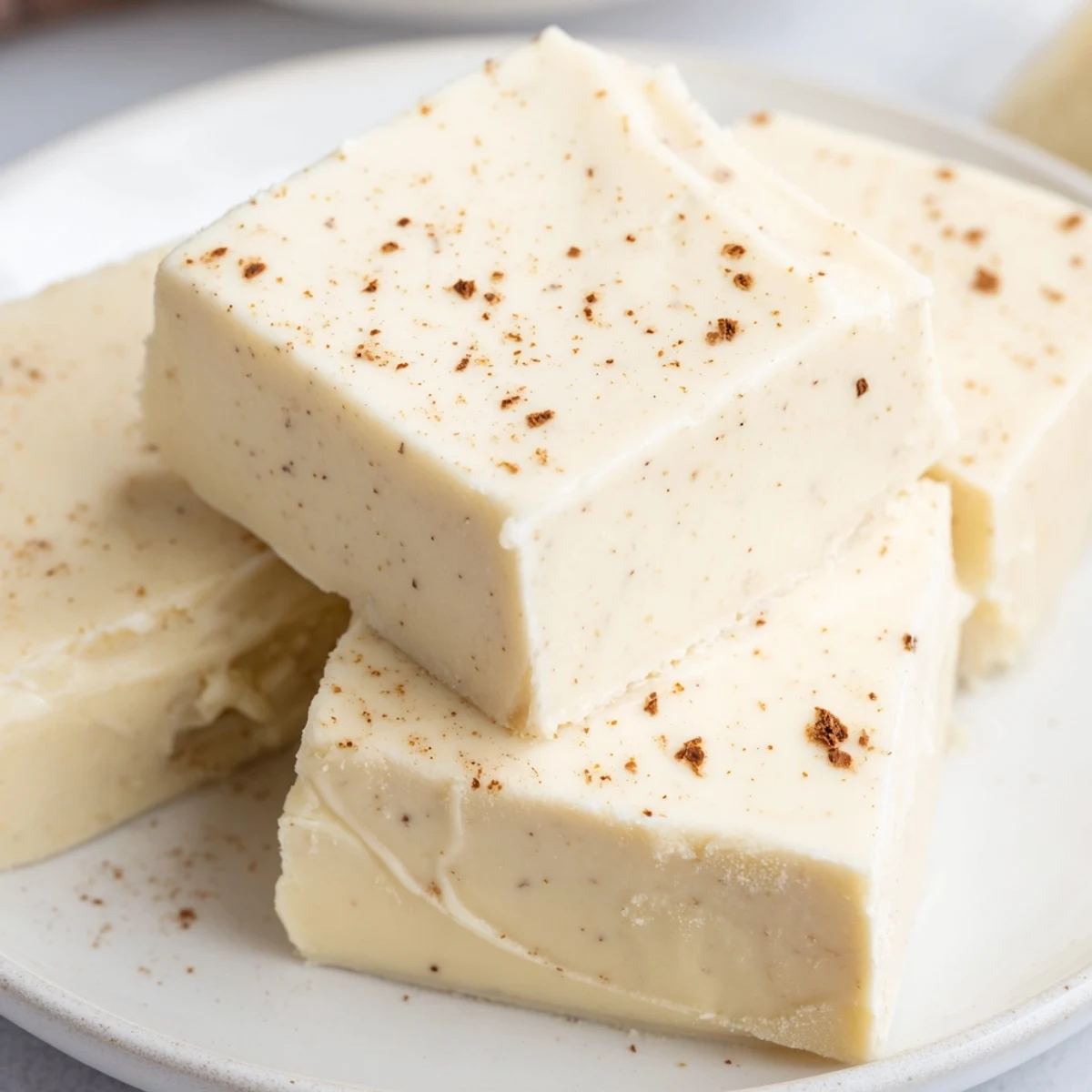 Rich homemade Eggnog Fudge chilled smooth and cut into bite sized pieces