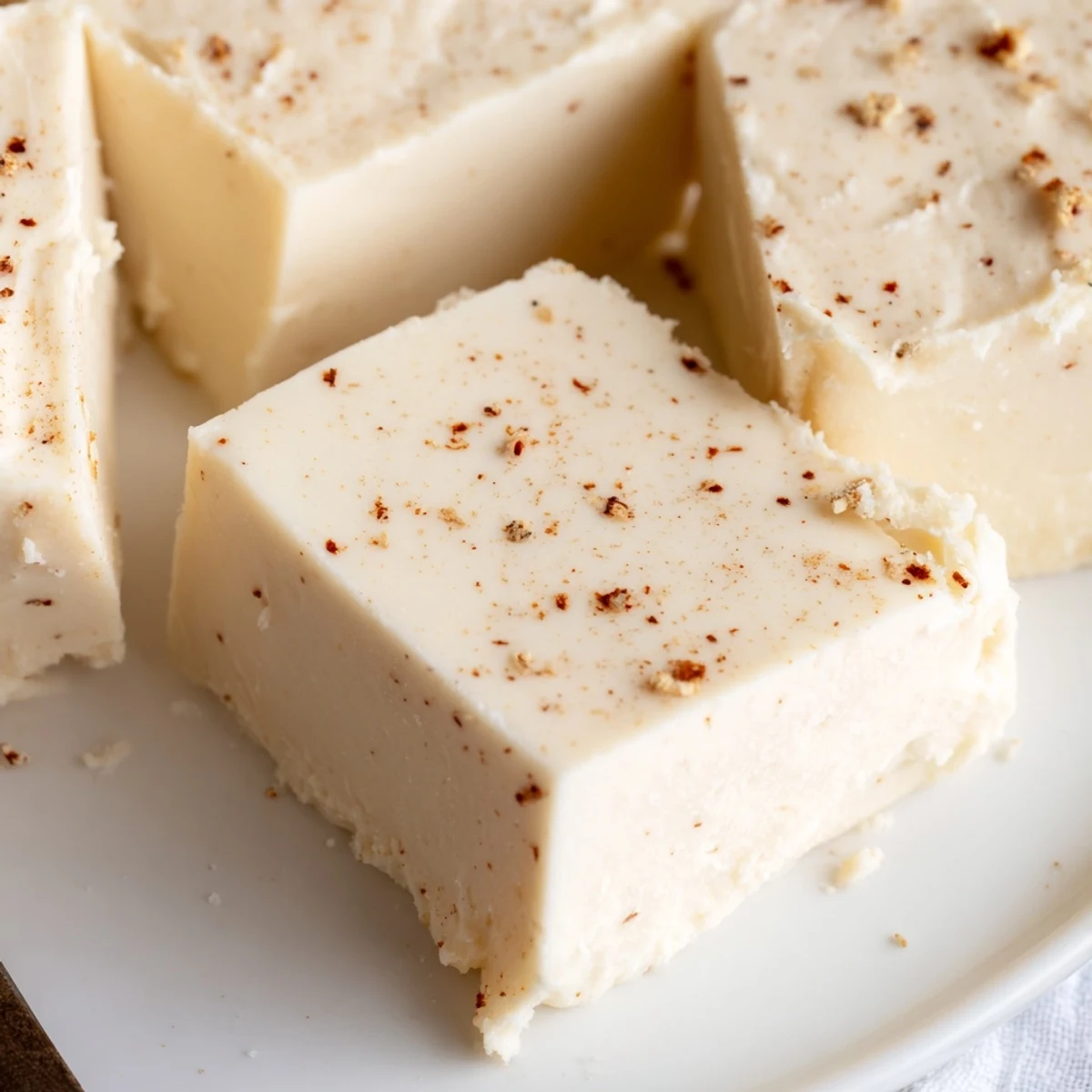 Velvety white Eggnog Fudge on parchment, ready for slicing and gifting
