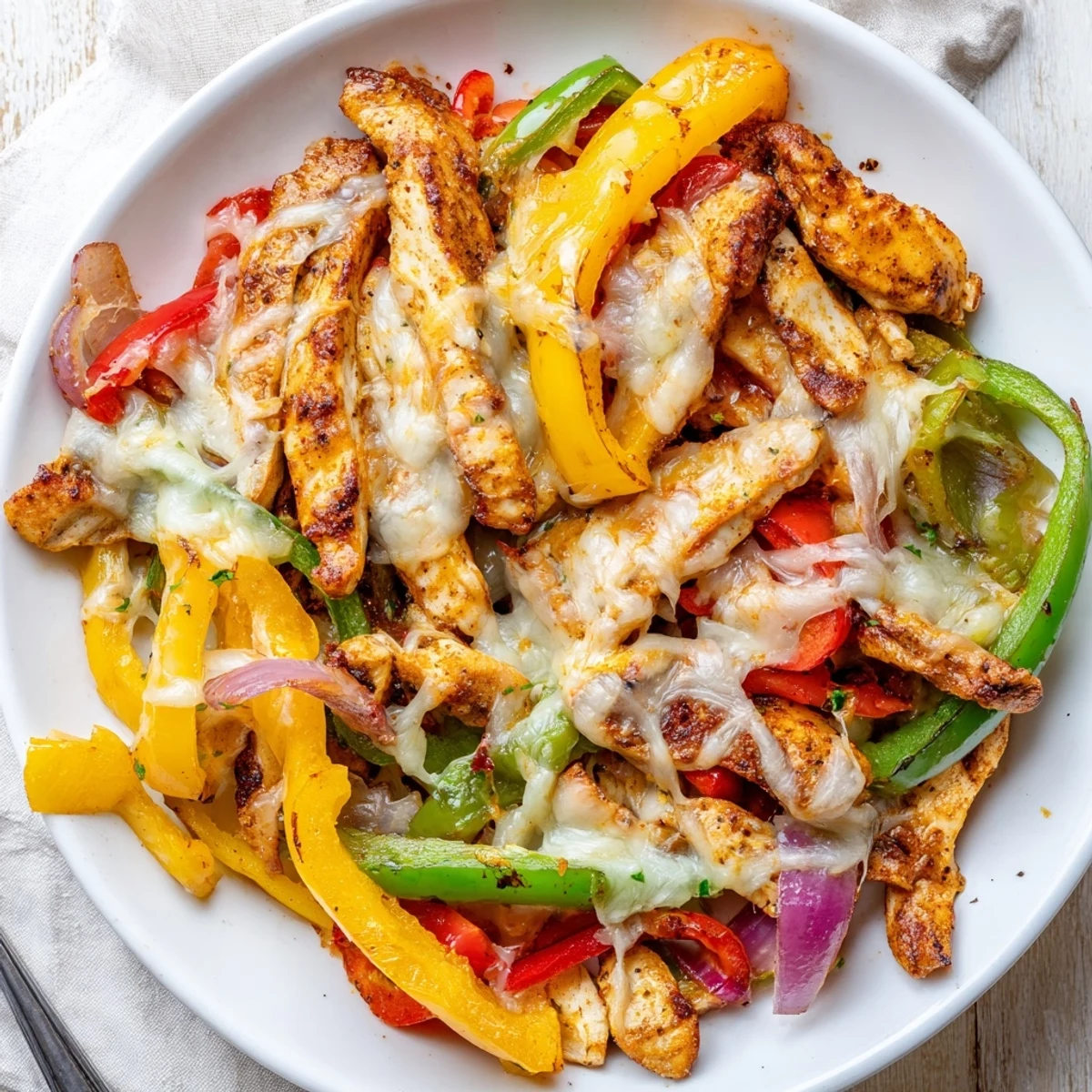 Cheesy Baja Chicken Bell Pepper Skillet sizzling with melted cheese and colorful peppers