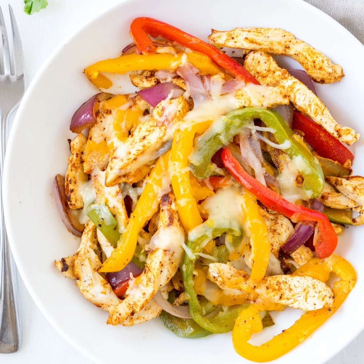 Weeknight Cheesy Baja Chicken Bell Pepper Skillet served over warm tortillas with lime