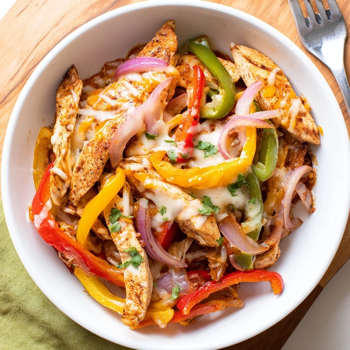 Hot Cheesy Baja Chicken Bell Pepper Skillet topped with bubbly cheese and cilantro