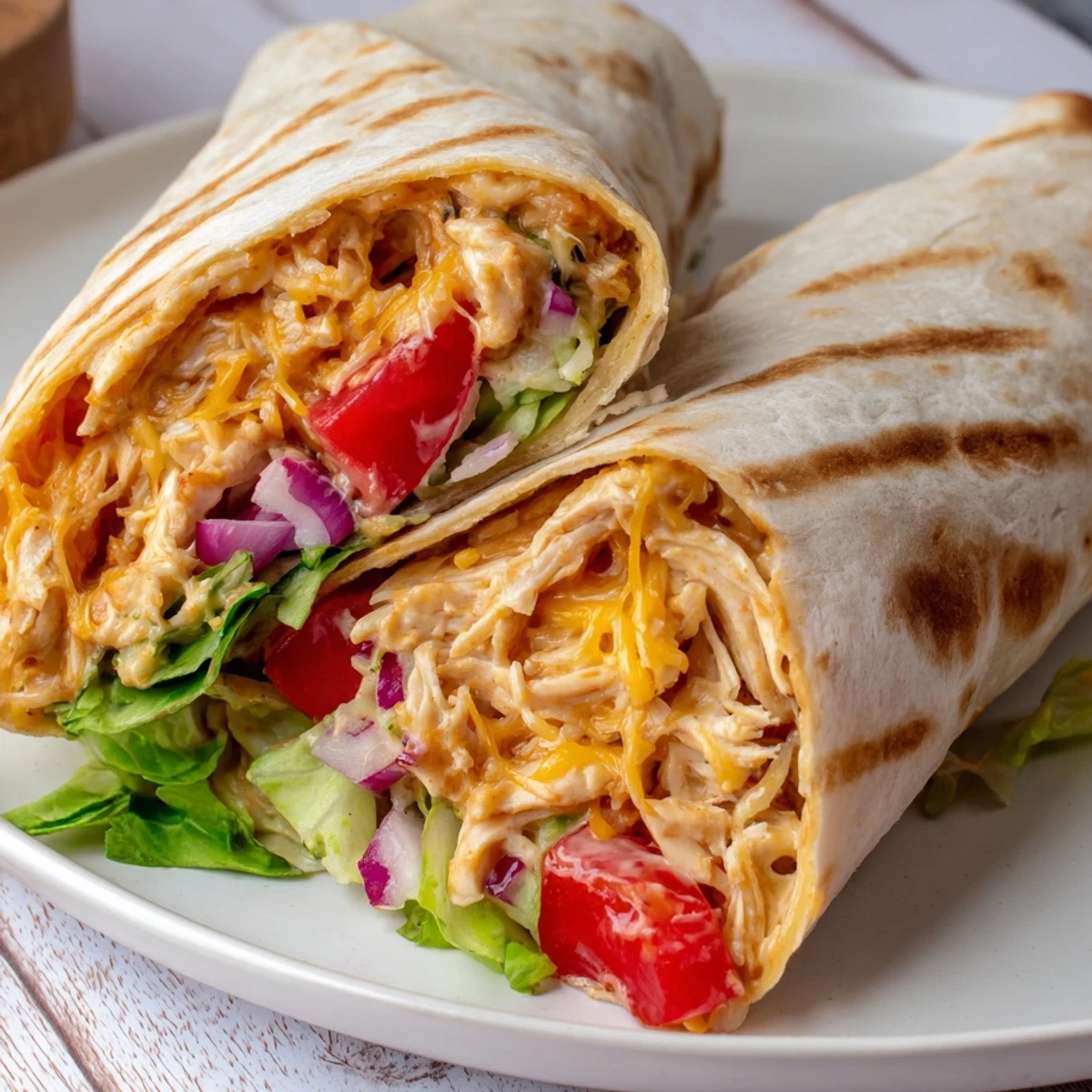 Halved Cheesy Garlic Chicken Wraps reveal juicy chicken, melted cheddar, bright tomato