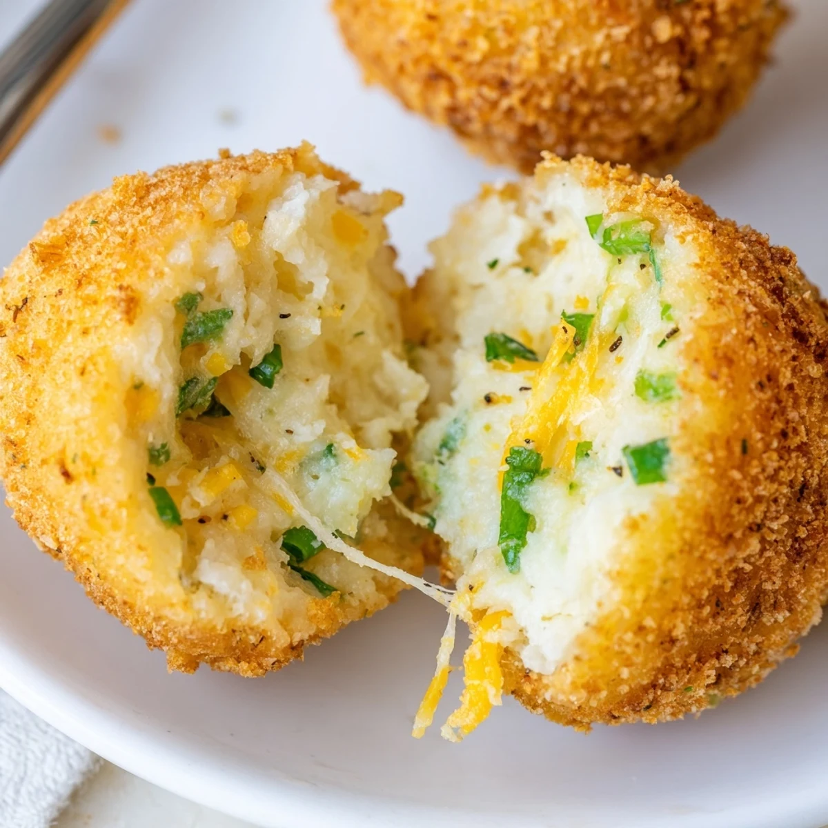 Golden Fried Mashed Potato Balls with melty cheddar, resting on paper towels