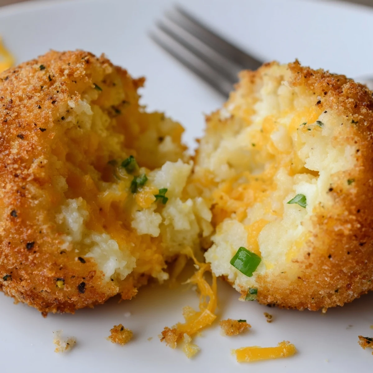 Plate of Fried Mashed Potato Balls piled high, crispy exterior and cheesy inside