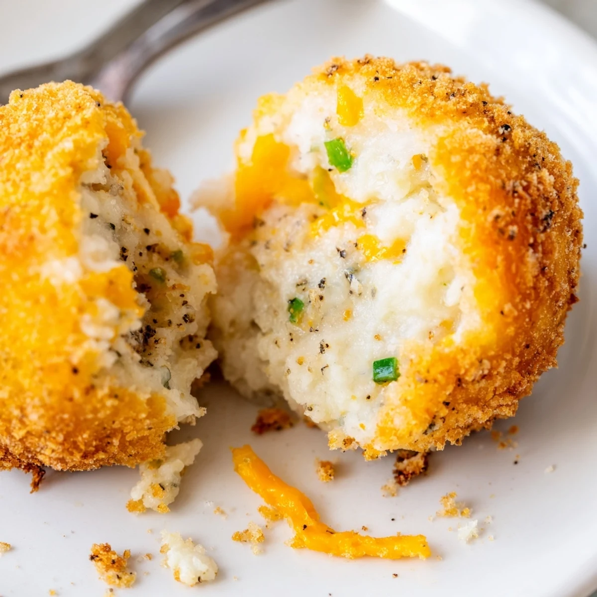 Crispy Fried Mashed Potato Balls reveal creamy centers, served with ranch dip