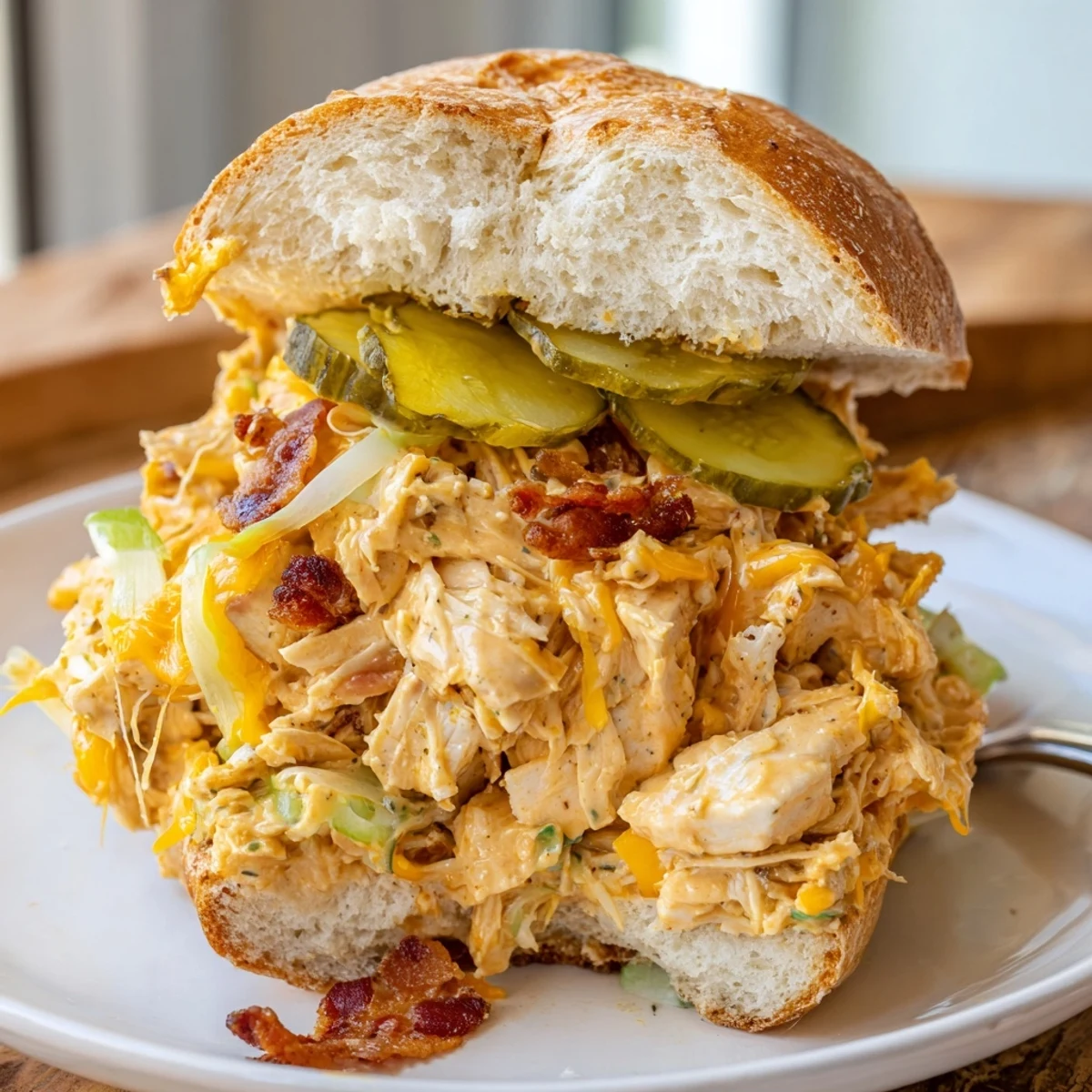 Warm Crack Chicken Sandwiches piled on brioche, creamy, cheesy filling oozing