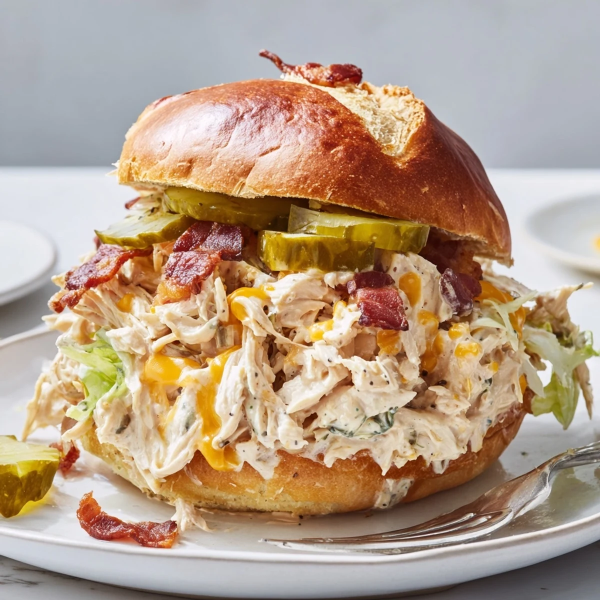 Close-up of Crack Chicken Sandwiches with crispy bacon, melted cheddar, steaming hot