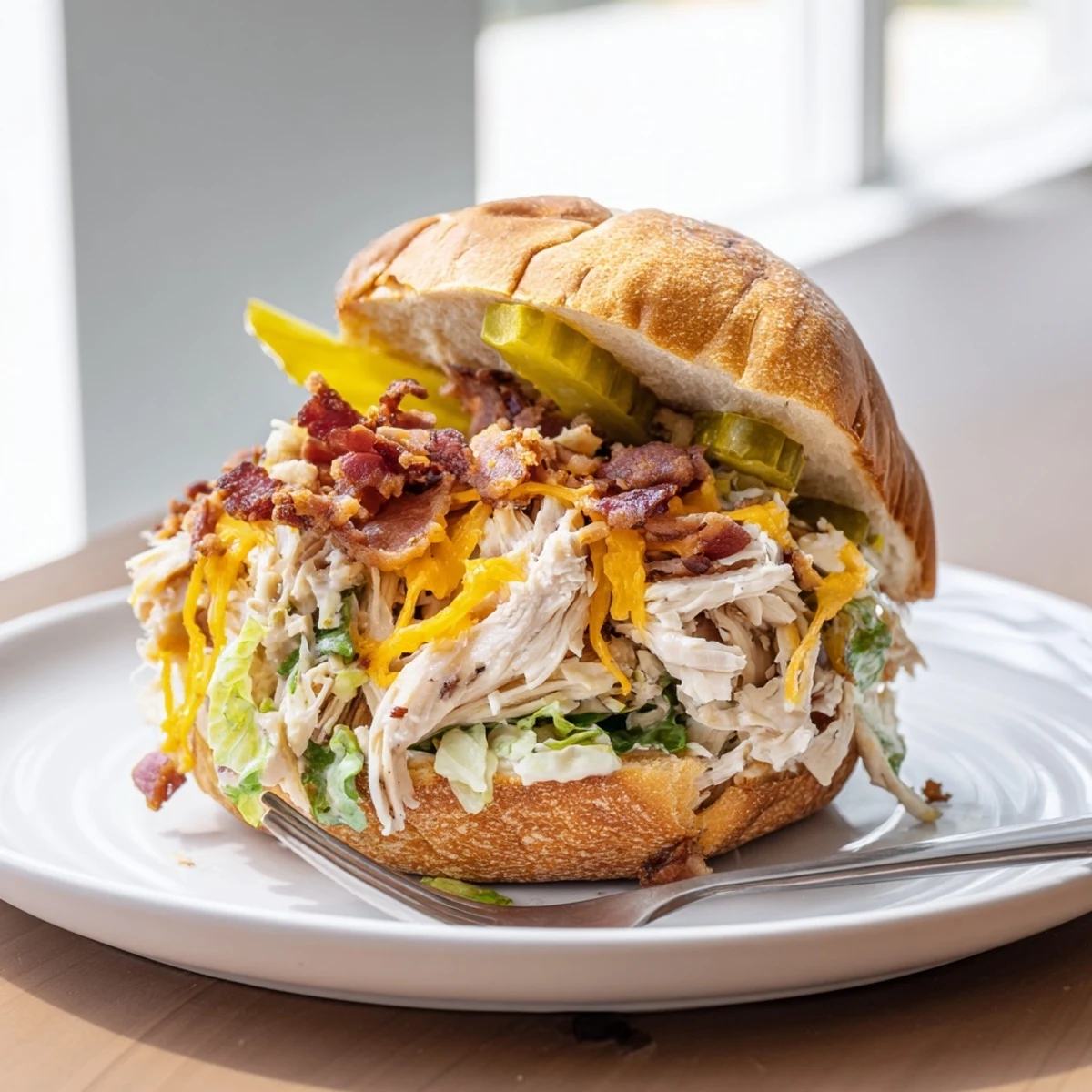 Family-style Crack Chicken Sandwiches served with pickles and iced tea, inviting